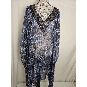 SOL Women's Free Size Sheer Swim Cover Up Blue Black Paisley Sequin V Neck